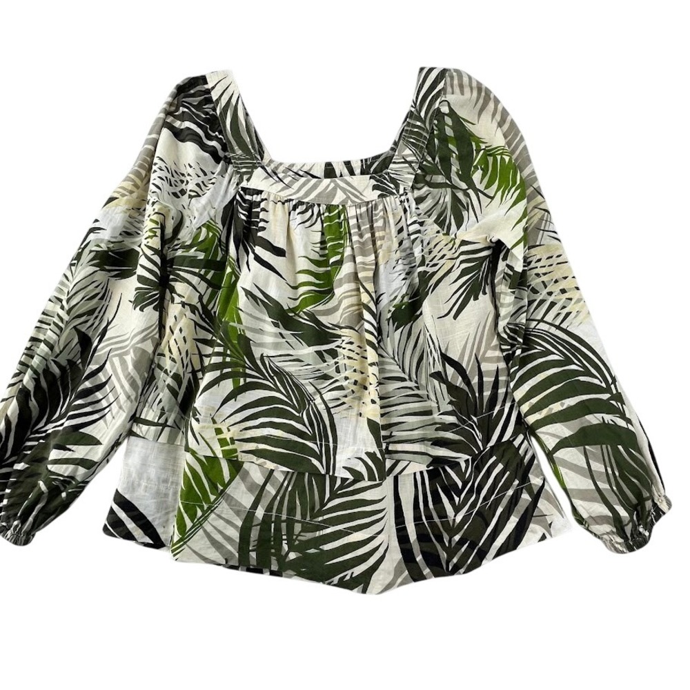 Elie Tahari‎ Blouse Womens Large Green Tropical Palm Print 100% Cotton
